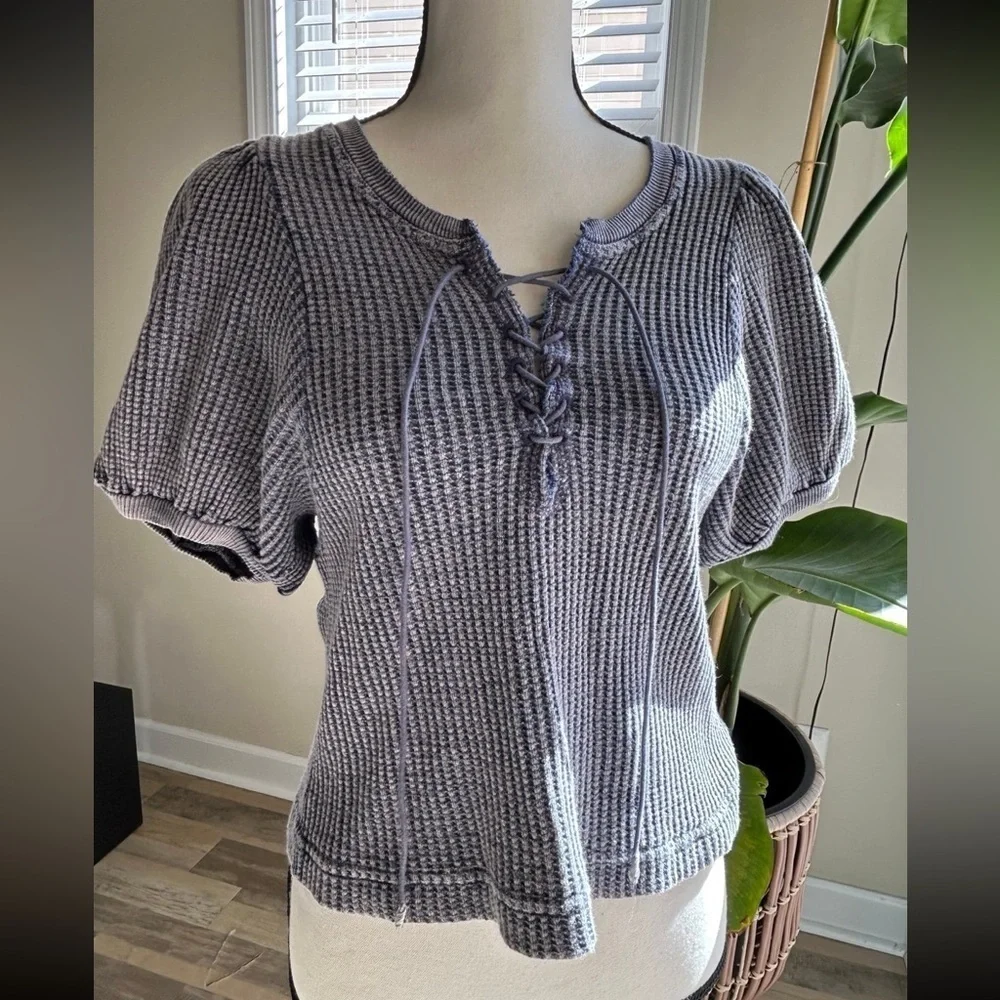 Free People vintage waffle knit short sleeve lace up blue/purple blouse